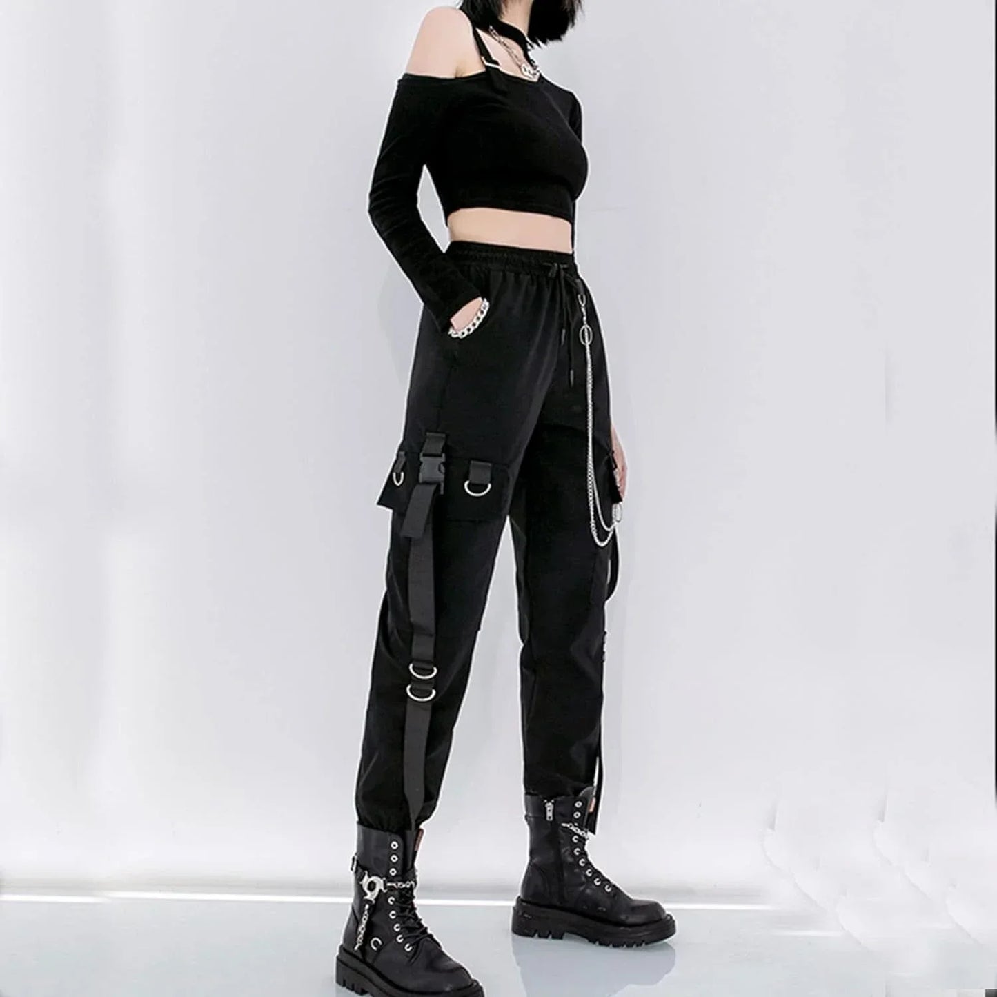 Pantalon Cargo Décontracté Noir pour Femmes Style Coréen Taille Haute Ample Hip Hop Jambe Droite Printemps Automne