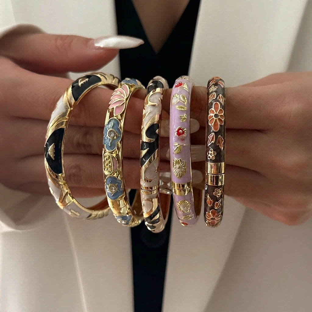 Elegante pulsera de esmalte de flores con circonitas – Pulsera retro chapada en oro con ojo turco floral para mujer | Joyería de moda para fiesta