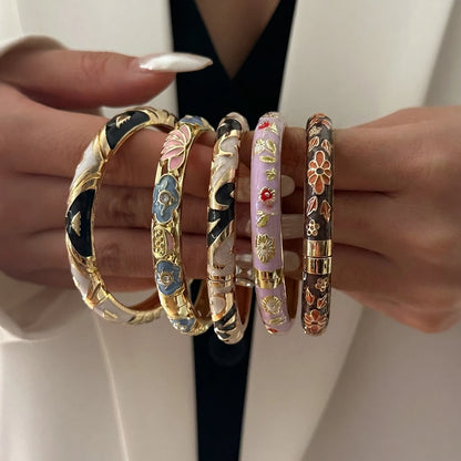 Elegante pulsera de esmalte de flores con circonitas – Pulsera retro chapada en oro con ojo turco floral para mujer | Joyería de moda para fiesta