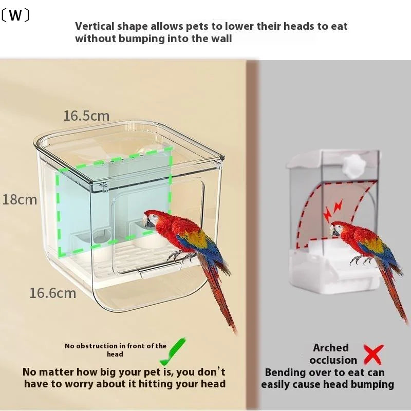 W Double-Slot Automatic Bird Feeder – Large-Capacity Transparent Hanging Food Dispenser with Splash-Proof Design for Bird Cages