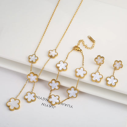 3Pcs Women’s 18K Gold Plated Five Leaf Flower Jewelry Set Clover Necklace Earrings Bracelet Party