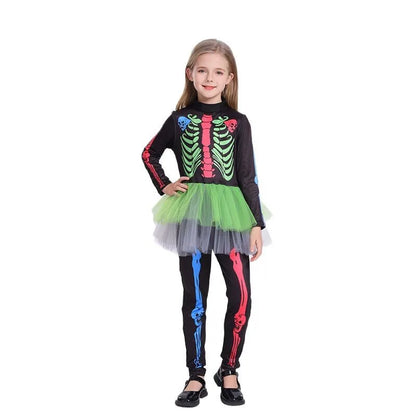Colorful Skeleton Cosplay Costume for Kids – Girls One-Piece Tight Skirt Dress for Halloween Roleplay & Party Wear