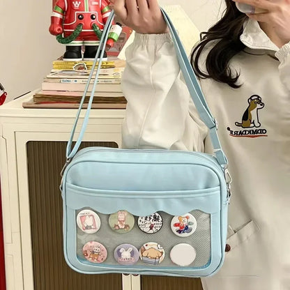 Bolso japonés Harajuku Ita – Bolso bandolera de piel sintética con bolsillo transparente para mujeres y estudiantes de secundaria, bolso de estilo uniforme JK, bolso de almacenamiento de moda Kawaii para coleccionistas y uso diario