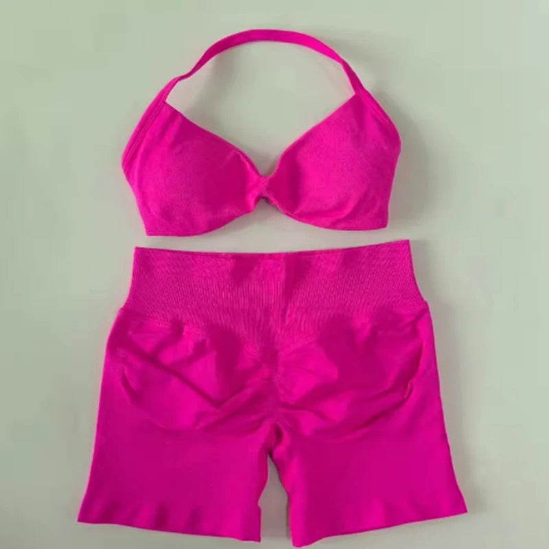 Women’s Seamless Yoga Set – 2PCS Strappy Sports Bra & High Waist Scrunch Shorts Gym Workout Outfit