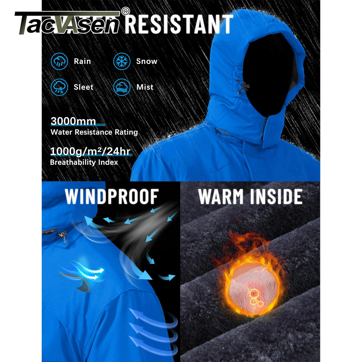 TACVASEN Men’s Winter Ski Jacket – Thick Fleece-Lined Waterproof Windbreaker, Warm Outdoor Parka for Snowboarding, Hiking & Mountain Trekking