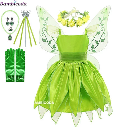 Girls Tinker Bell Costume – Green Fairy Princess Fancy Dress for Halloween, Birthday Parties & Cosplay, Ages 2–10Y