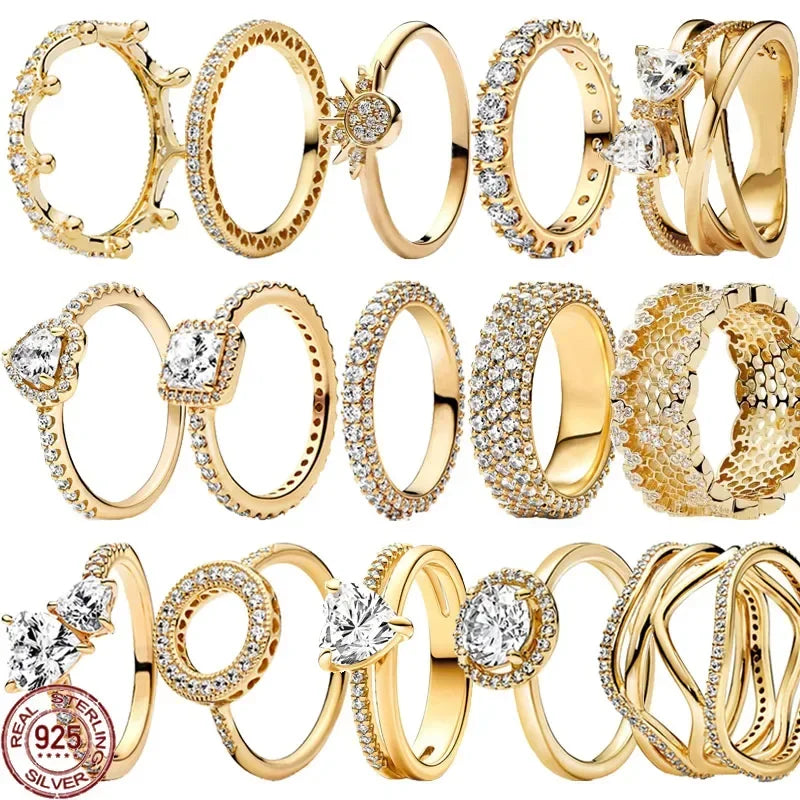 Anillo de moda ajustable con corona de corazón de plata de ley 925 chapado en oro con purpurina para mujer