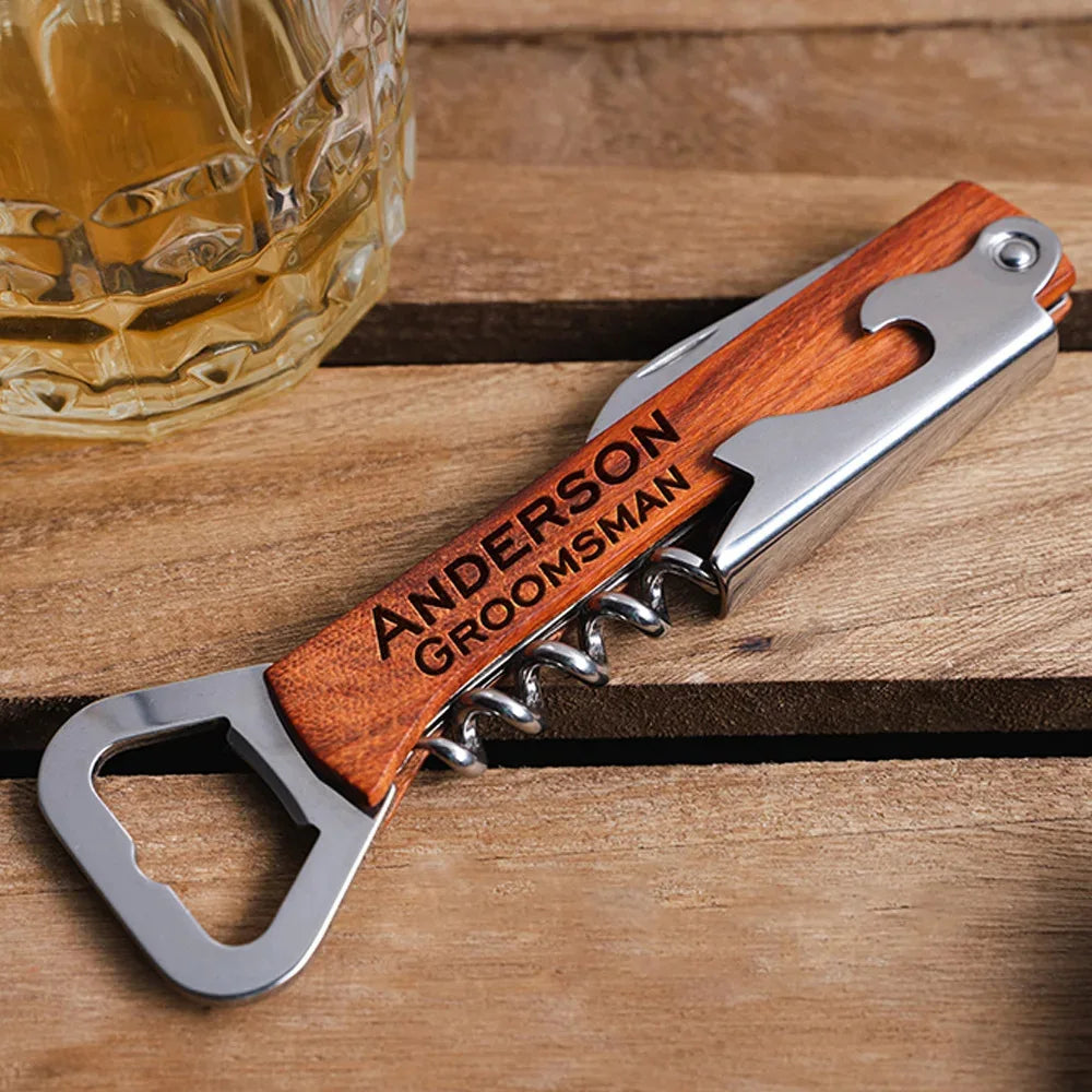 Personalized Wood Handle Corkscrew Wine Opener – Custom Logo Bottle Opener for Weddings, Gifts, Beer Bottles & Brand Promotions