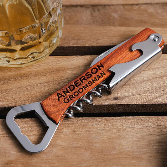 Personalized Wood Handle Corkscrew Wine Opener – Custom Logo Bottle Opener for Weddings, Gifts, Beer Bottles & Brand Promotions
