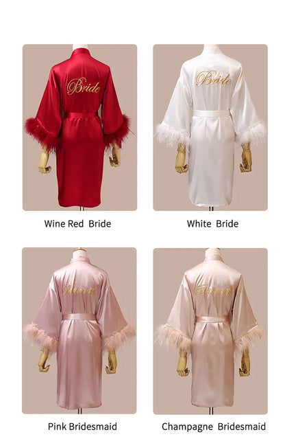 Women’s Feather Satin Robe – Bride Bridesmaid Wedding Kimono Bathrobe V-Neck Nightgown Lingerie