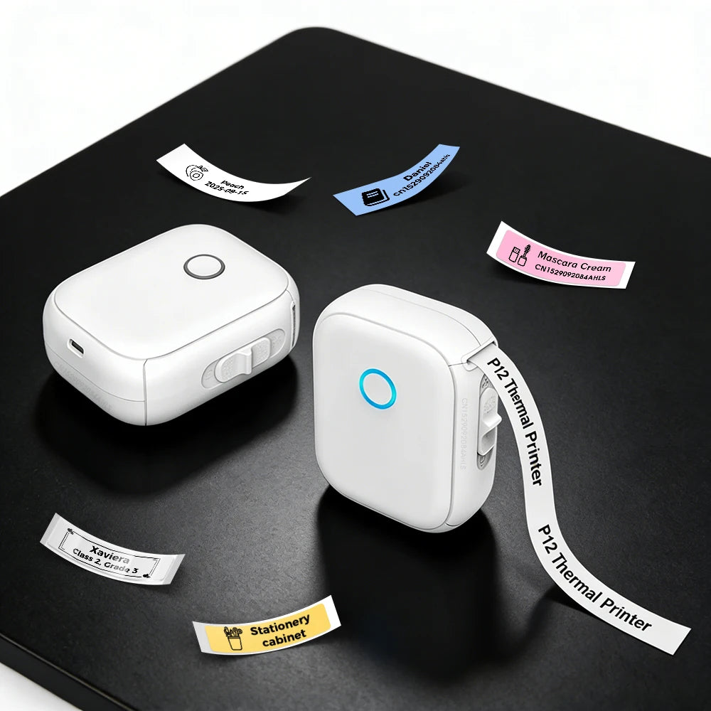 Mini impresora térmica Marklife P12 – Máquina etiquetadora portátil, impresora de pegatinas adhesivas con cinta de etiquetas continua, dispositivo de etiquetado de bolsillo Bluetooth para el hogar, la oficina y la organización