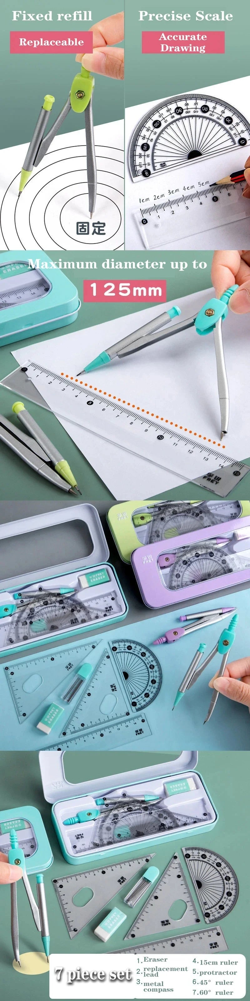 7PCS Geometry Ruler Set – Compass, Triangle Ruler & Protractor Student Math Kit in Storage Box