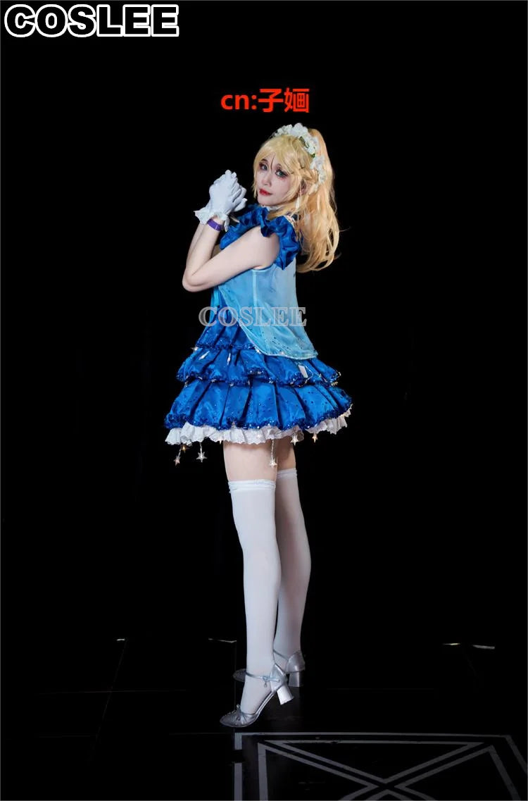 COSLEE LoveLive Aqours “The Dreaming Gate” Cosplay Costume – All Members Blue Singing Dress (Nozomi, Nico, Hanayo, Maki)
