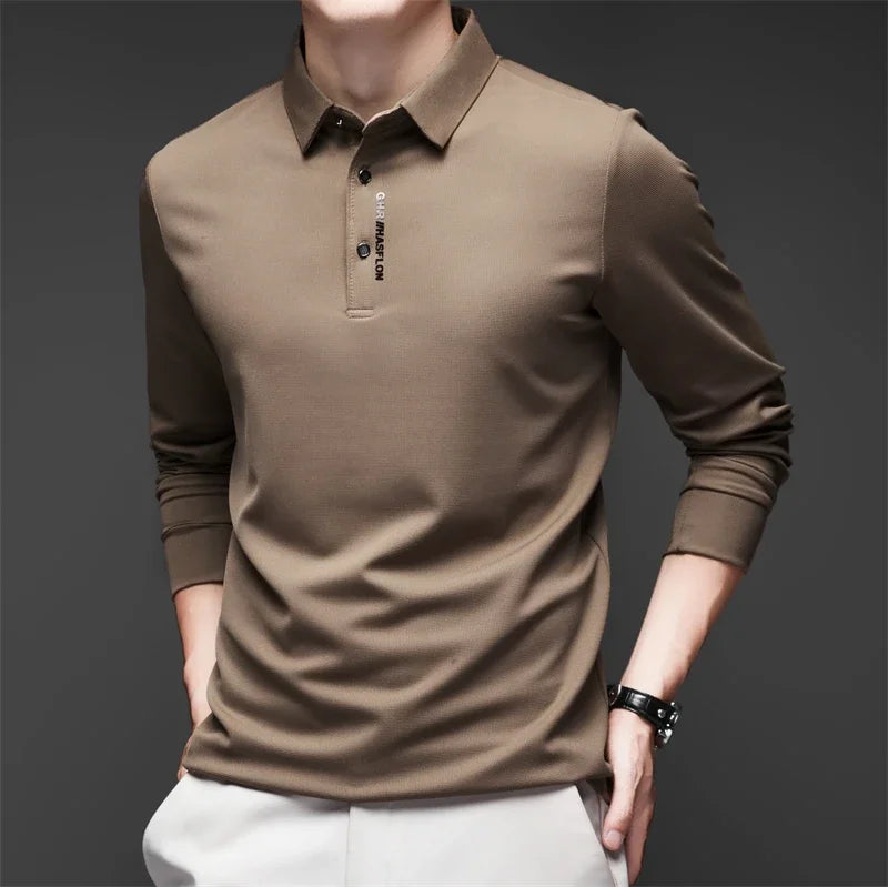 Polo à manches longues pour homme – Haut décontracté de couleur unie, respirant, confortable et tendance pour le quotidien