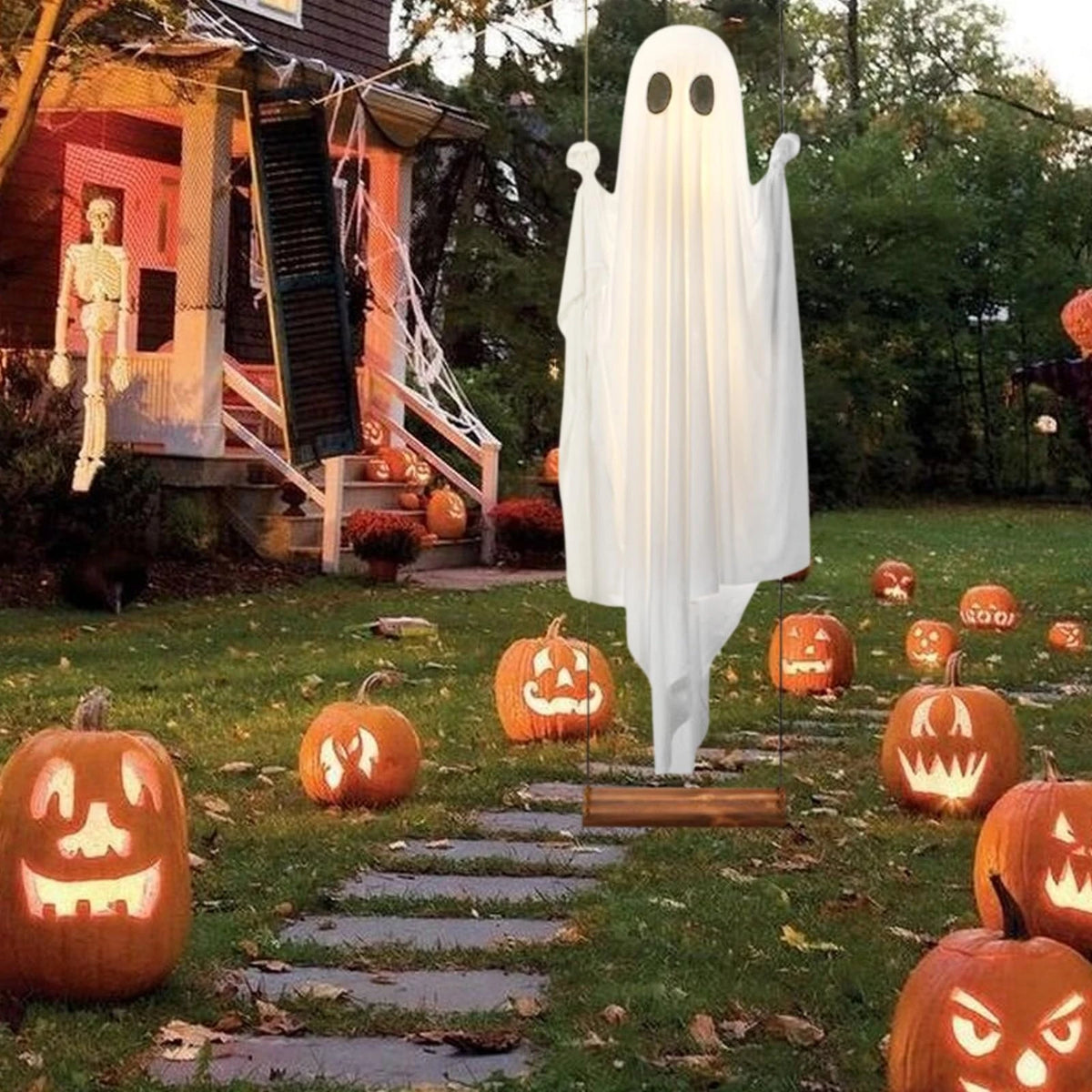 Halloween Hanging Swing Ghost Decoration – Cute White Ghost with String Lights for Porch, Yard, Trees, Parties & Spooky Outdoor Decor