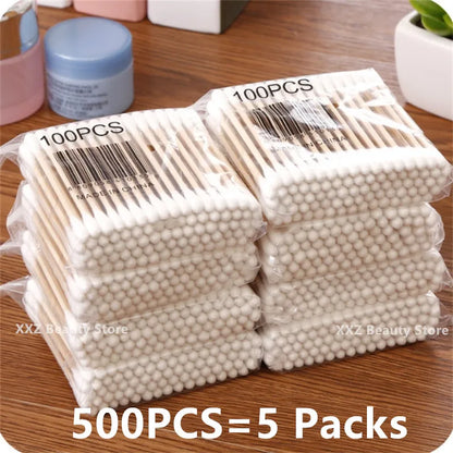 100/500/1000/2000 bastoncillos de algodón de doble punta con palos de madera – para maquillaje, belleza, nariz, oídos y cuidado personal