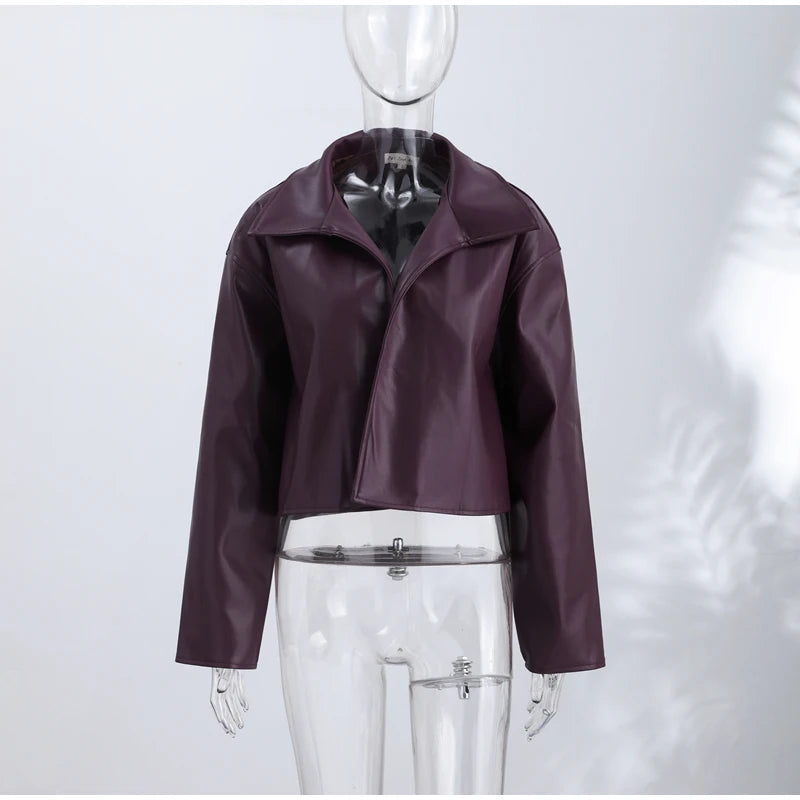 Women’s PU Leather Jacket – Long-Sleeve Stand Collar Zip-Up Coat, Casual Streetwear Outerwear for Autumn & Winter