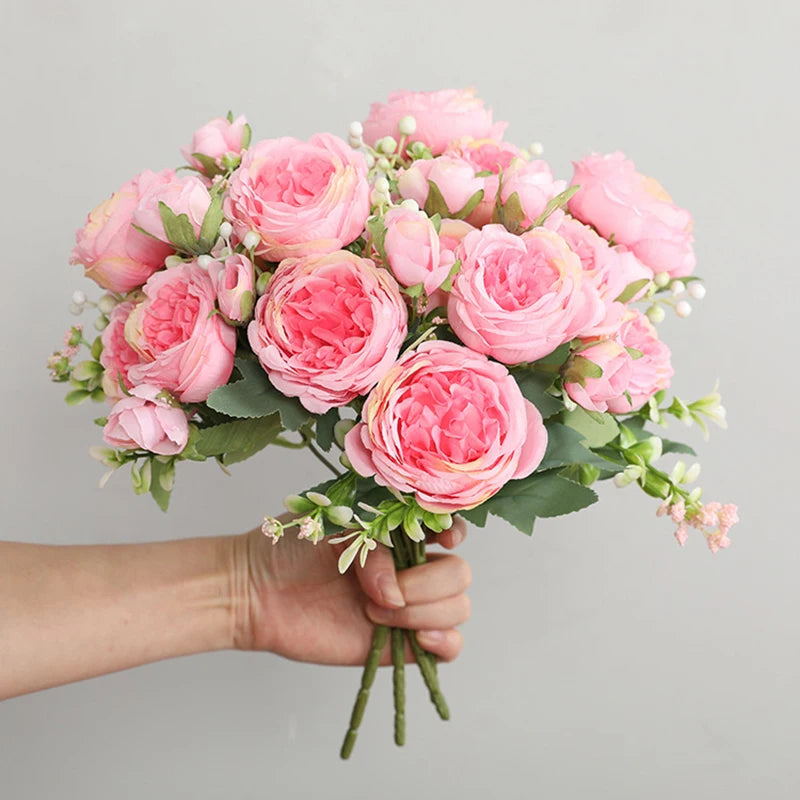 30cm Pink Silk Peony Rose Bouquet – Artificial Flower Arrangement with 5 Large Blooms & 4 Buds, Realistic Faux Floral Bouquet for Wedding, Bridal Décor, Home Decoration & DIY Crafts