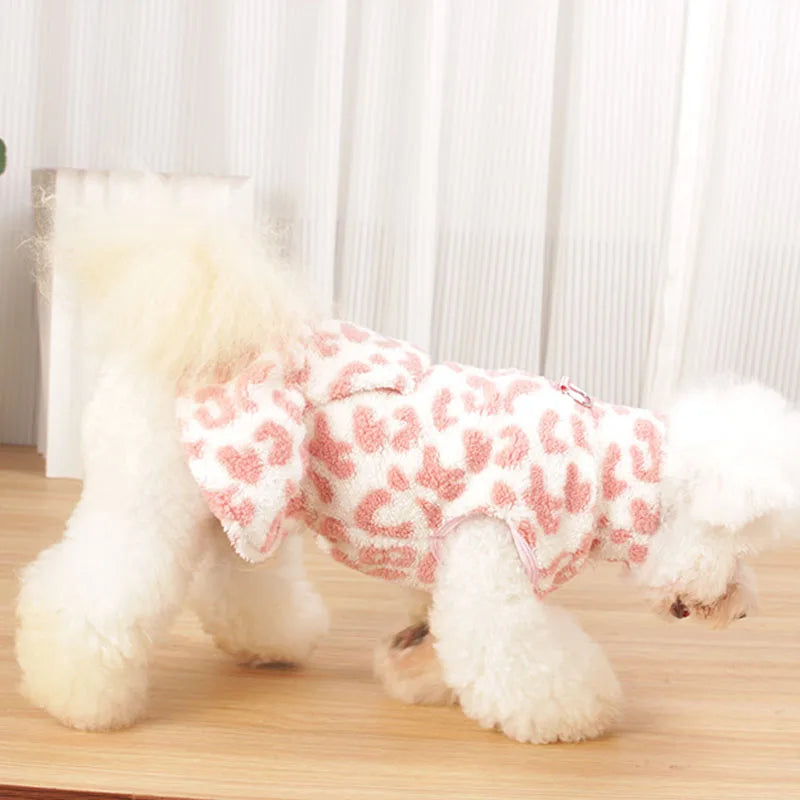 Leopard Print Dog Dress – Warm Fleece Hooded Pullover Coat & Sleeveless Vest for Small Dogs, Cozy Winter Puppy Clothing for Chihuahuas