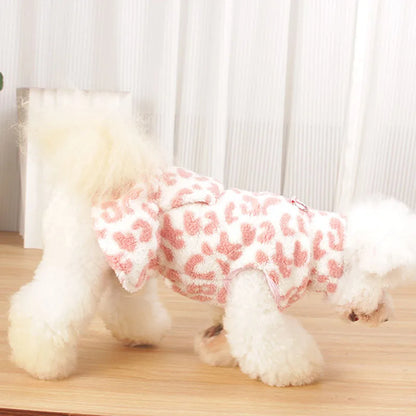 Leopard Print Dog Dress – Warm Fleece Hooded Pullover Coat & Sleeveless Vest for Small Dogs, Cozy Winter Puppy Clothing for Chihuahuas