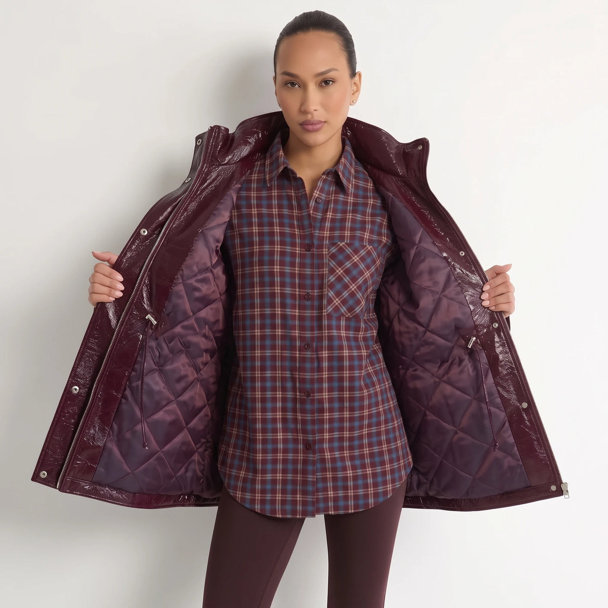 Women’s Burgundy Patent Leather Puffer Jacket – Mid-Length Winter Coat with Stand Collar, Epaulets, Multi-Pockets & Drawstring Waist