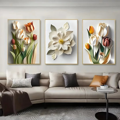 Set of 3 3D Floral Canvas Wall Art Prints – Modern Aesthetic Frameless Flower Posters for Home, Office & Living Room Decor