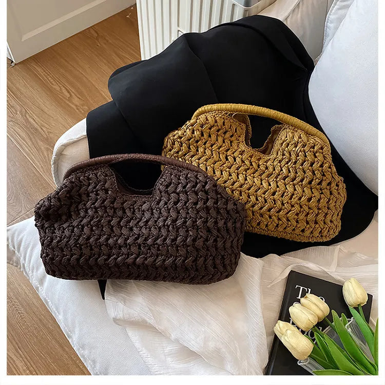 Bolso de playa de lujo de paja tejida para mujer - Bolso de mano de ratán de moda, Bolso de mano de verano para viajes, vacaciones, compras y salidas casuales, Bolso tejido a mano inspirado en el diseñador