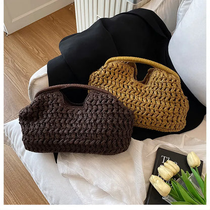 Bolso de playa de lujo de paja tejida para mujer - Bolso de mano de ratán de moda, Bolso de mano de verano para viajes, vacaciones, compras y salidas casuales, Bolso tejido a mano inspirado en el diseñador