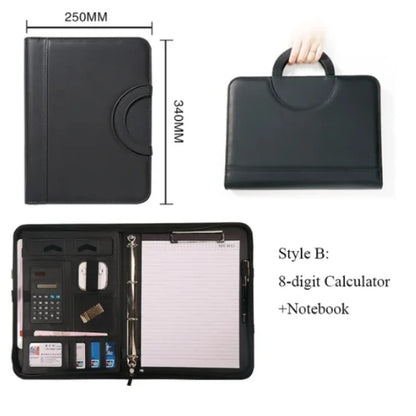 A4 PU Leather Zipper Portfolio Folder – Portable Conference File Organizer with Calculator Holder, Tablet Compartment & Handle