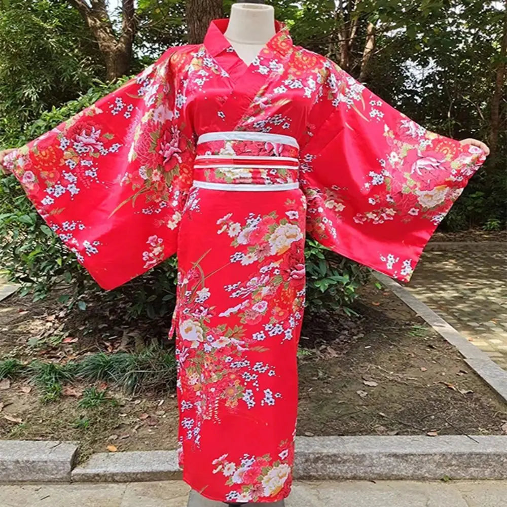 Japanese Kimono Cosplay Costume – Floral Sakura Printed Dress, Traditional Asian Style Kimono Outfit for Women Halloween & Party Wear
