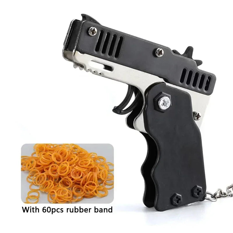 Llavero de pistola de goma de metal - Mini pistola de juguete de aleación con 60 gomas elásticas para juegos al aire libre, diversión en fiestas y regalos