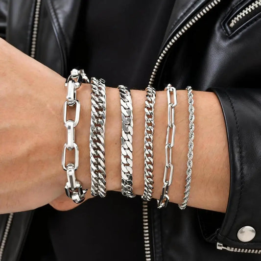 Pulsera de cadena de plata estilo punk – Brazalete trenzado de acero inoxidable para hombre | Joyería de moda Hip Hop Regalo para él y papá