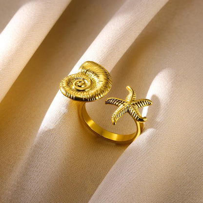 Gold Stainless Steel Starfish & Shell Ring – Adjustable Waterproof Beach-Inspired Ring for Women