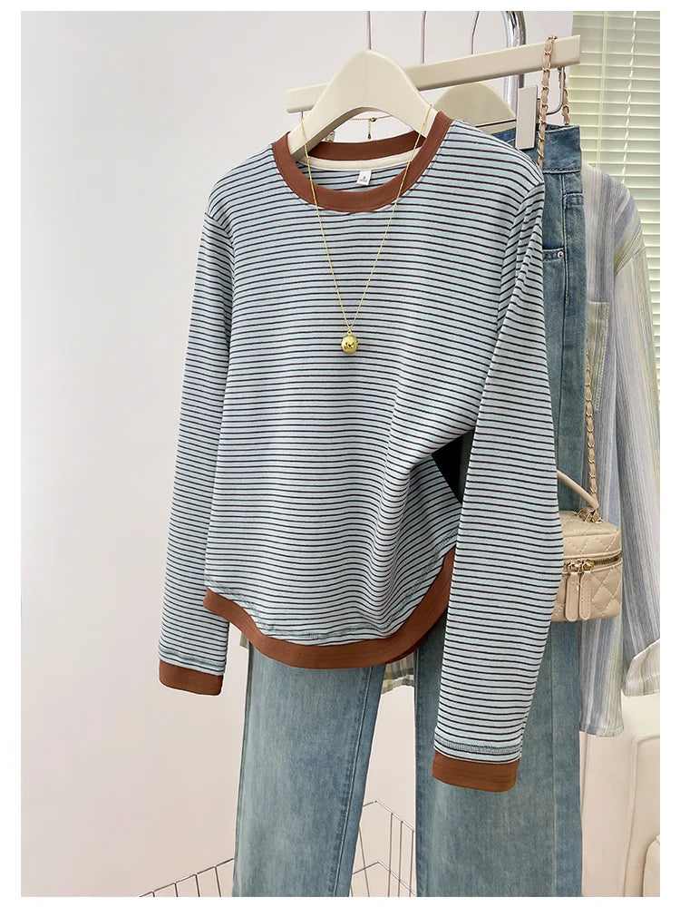 T-shirt rayé rétro à blocs de couleurs pour femmes, à manches longues, col rond, ourlet asymétrique en coton, chemise décontractée de base