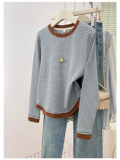 T-shirt rayé rétro à blocs de couleurs pour femmes, à manches longues, col rond, ourlet asymétrique en coton, chemise décontractée de base
