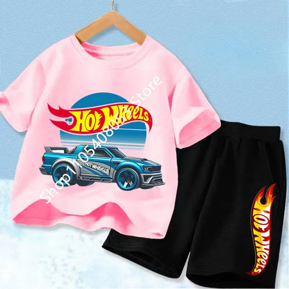 Conjunto de camiseta y pantalón corto de coche de carreras para niños, mezcla de algodón, atuendo de verano para niños y niñas
