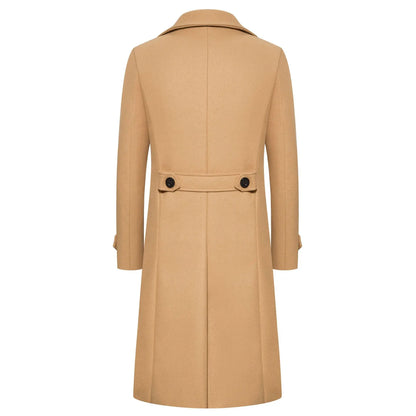 Men’s Long Woolen Trench Coat – Double-Breasted Slim-Fit Overcoat with Turn-Down Collar, Fashionable Spring & Autumn Outerwear