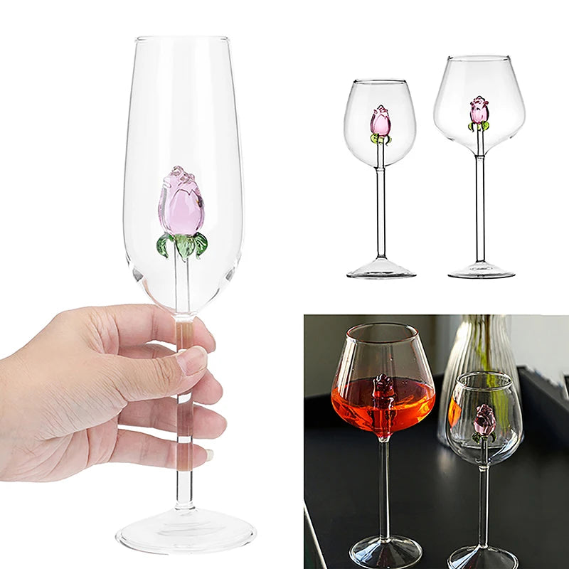 3D Pink Glass Rose Wine Glass Goblet, Red White Wine Cup, Champagne Flute Drinkware, Romantic Valentine’s Day Gift