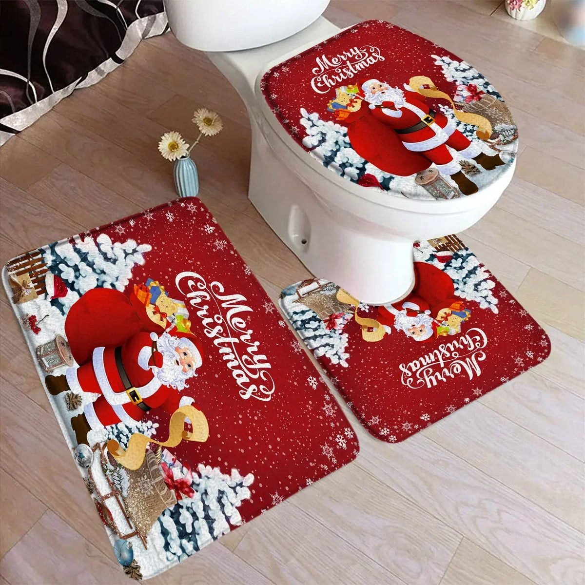 Funny Christmas Bath Mat Set – Cute Snowman, Santa Claus, Red Ball & Xmas Tree Bathroom Rugs with Toilet Lid Cover