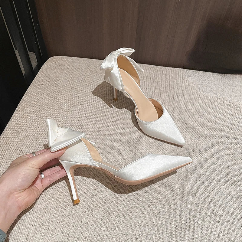 Zapatos de tacón de aguja con lazo de satén para mujer, elegantes, de punta fina, para boda