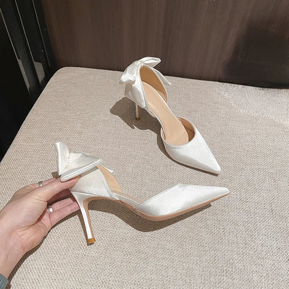 Zapatos de tacón de aguja con lazo de satén para mujer, elegantes, de punta fina, para boda