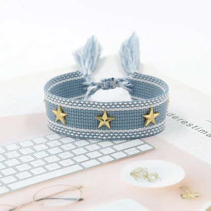 Bohemian Star Tassel Bracelet – Handmade Woven Alloy Gold Rivet Wrist Strap for Women | Ethnic Fashion Jewelry Gift
