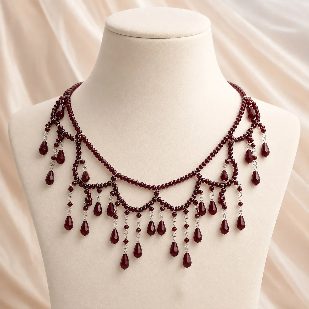 Red Teardrop Tassel Pearl Beaded Necklace – Multi-Layer Collarbone Chain for Women, Dark Elegant Statement Jewelry with Unique Design