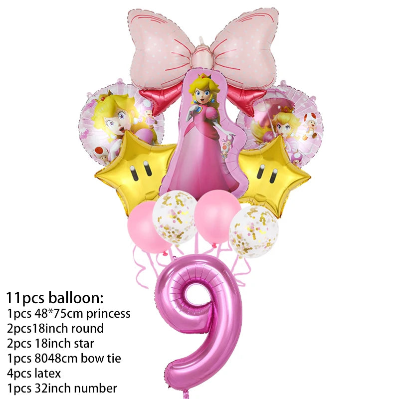 Princess Peach Party Supplies Set – Cartoon Anime-Themed Tableware, Balloons & Decorations for Children's Birthdays & Baby Showers