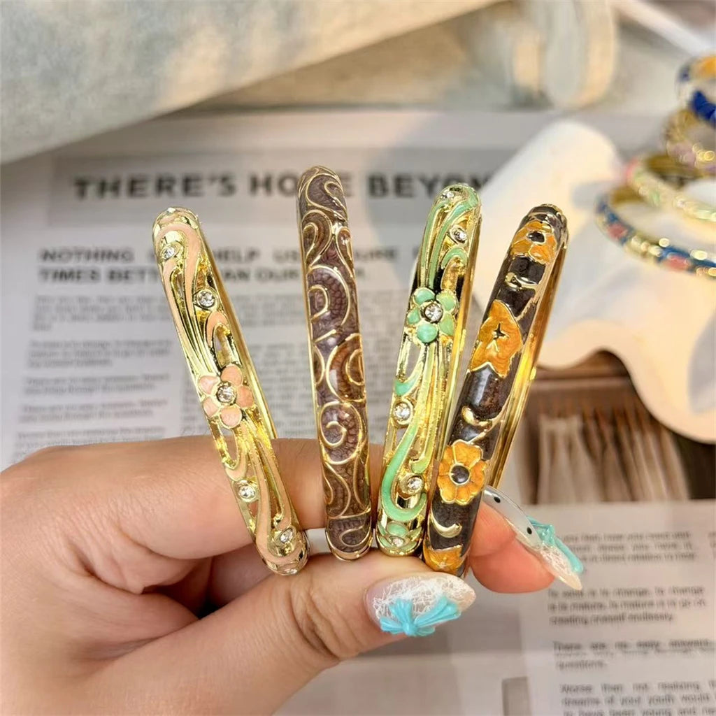 Elegante pulsera de esmalte de flores con circonitas – Pulsera retro chapada en oro con ojo turco floral para mujer | Joyería de moda para fiesta