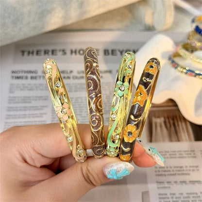 Elegante pulsera de esmalte de flores con circonitas – Pulsera retro chapada en oro con ojo turco floral para mujer | Joyería de moda para fiesta