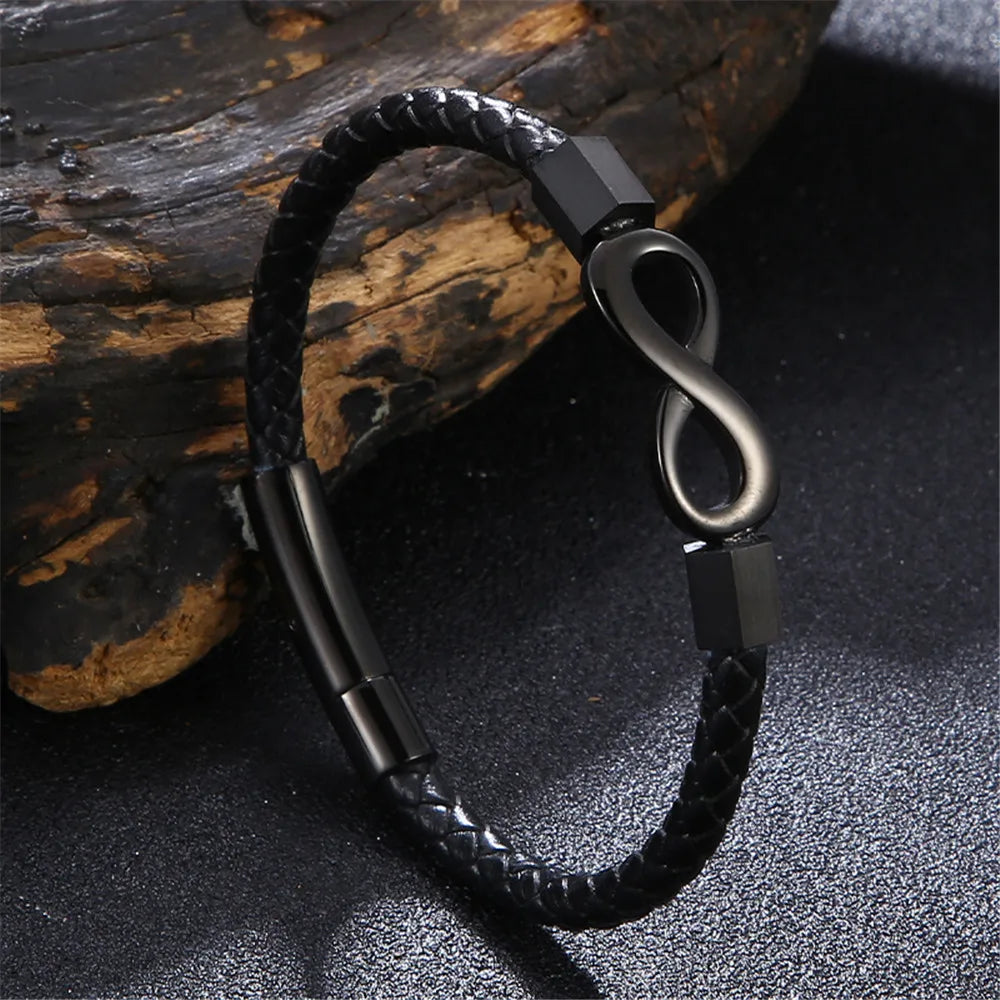 MKENDN Classic No. 8 Infinity Bracelet – Unisex Braided Leather Wristband with 316L Stainless Steel Details, Fashion Jewelry Gift