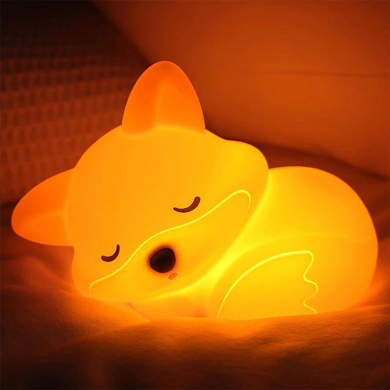 Cute Fox Silicone Night Light – Squishy Rechargeable Touch Lamp with Dimmable Brightness & Timer, Cozy Bedside Nursery Gift