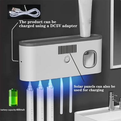 Wall-Mounted Smart Toothbrush Holder – 5-Slot Toothbrush Sterilizer with Integrated Toothpaste Dispenser, Bathroom Storage Rack & Organizer