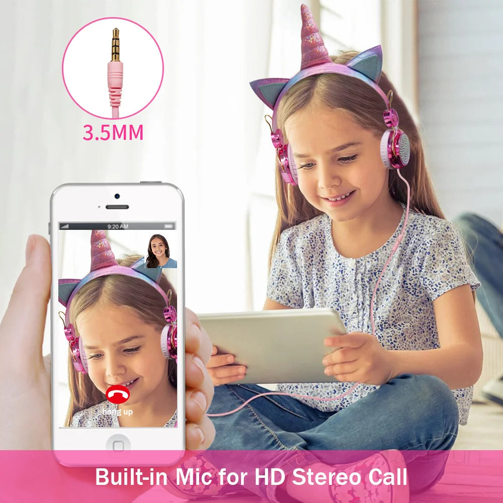 Pink Unicorn Kids Headphones – Cute Diamond Wired Headset with Microphone for Girls & Children, Music Headphones, Birthday & Gift for Kids